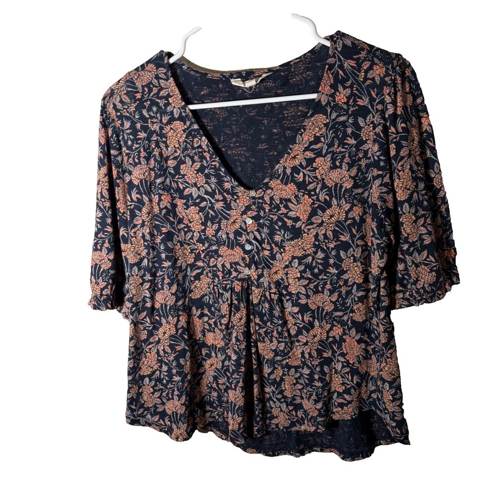 Lucky Brand Blouse Women's Medium V-Neck Popover Short Sleeve Boho Top Casual